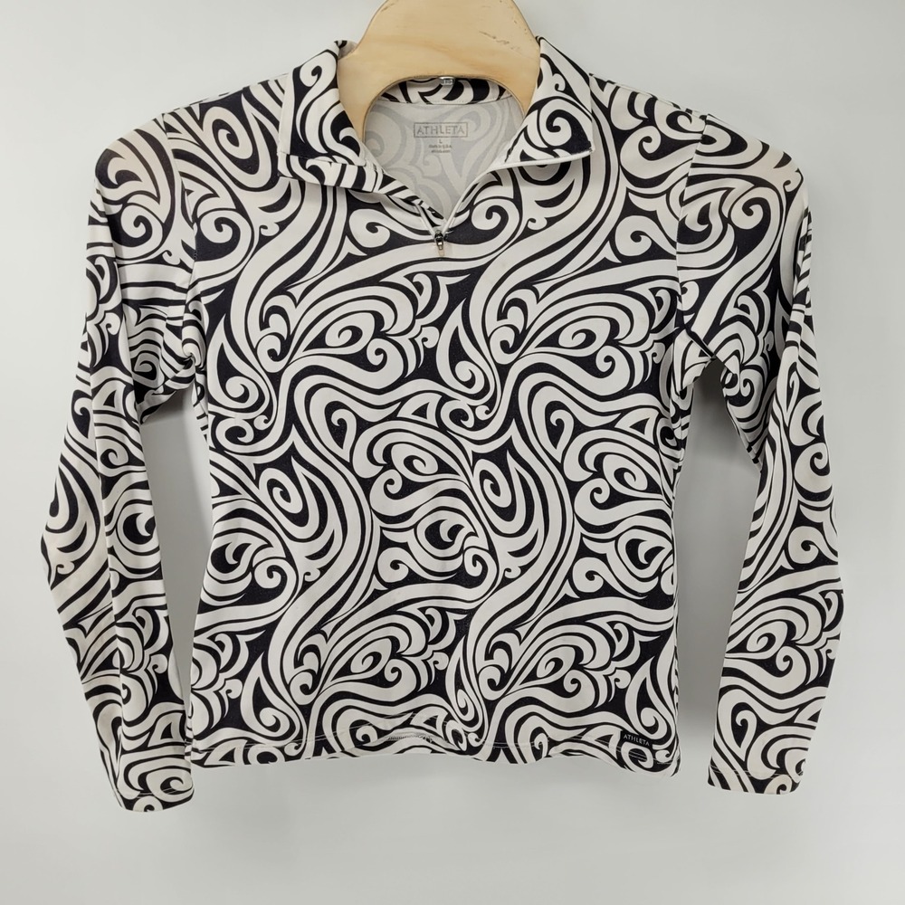 Athleta 1/4 Zip Pullover Womens Large Black White‎ Swirl Print Long Sleeve Top